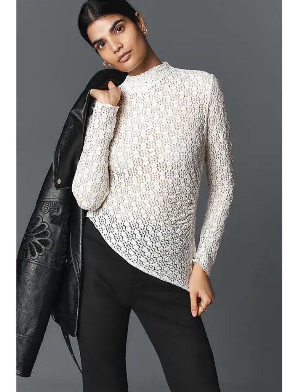 Anthropologie Coconut Milk Smocked Lace Long-Sleeve Top - White/Cream